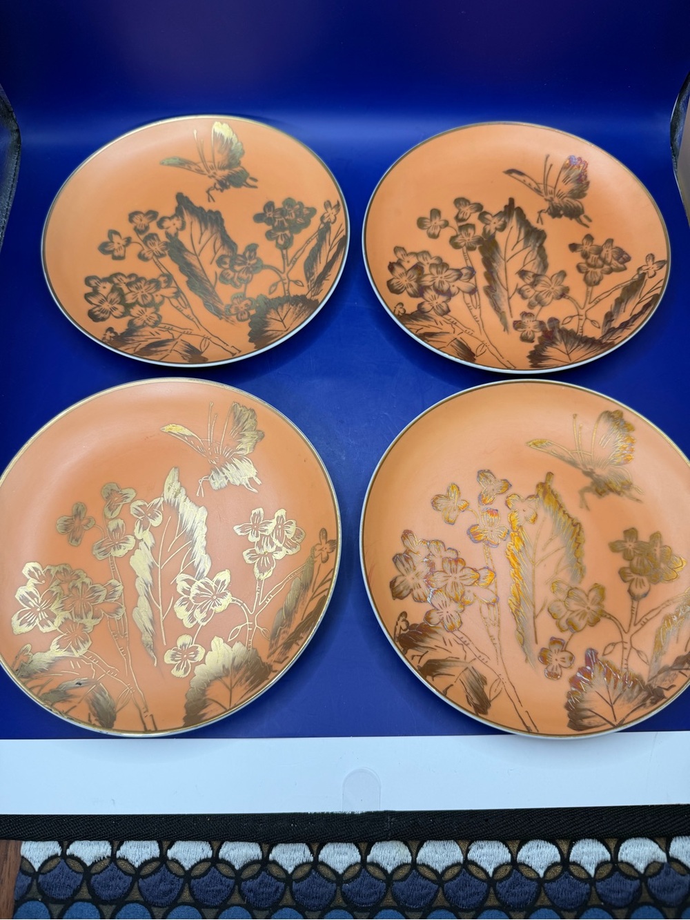 Dorothy C. Thorpe Persimmon Gold Butterfly Pattern China 4 Bread & Butter Plates